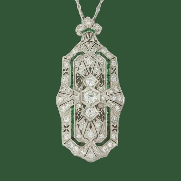 Roaring 20's Art Deco Reto Sterling Silver Lab Created Diamond & Emerald Pendant - Picture 1 of 13